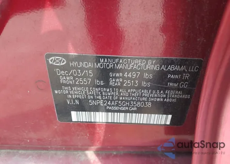 2016 Hyundai Sonata Se from USA, damaged, VIN 5NPE24AF5GH358038
